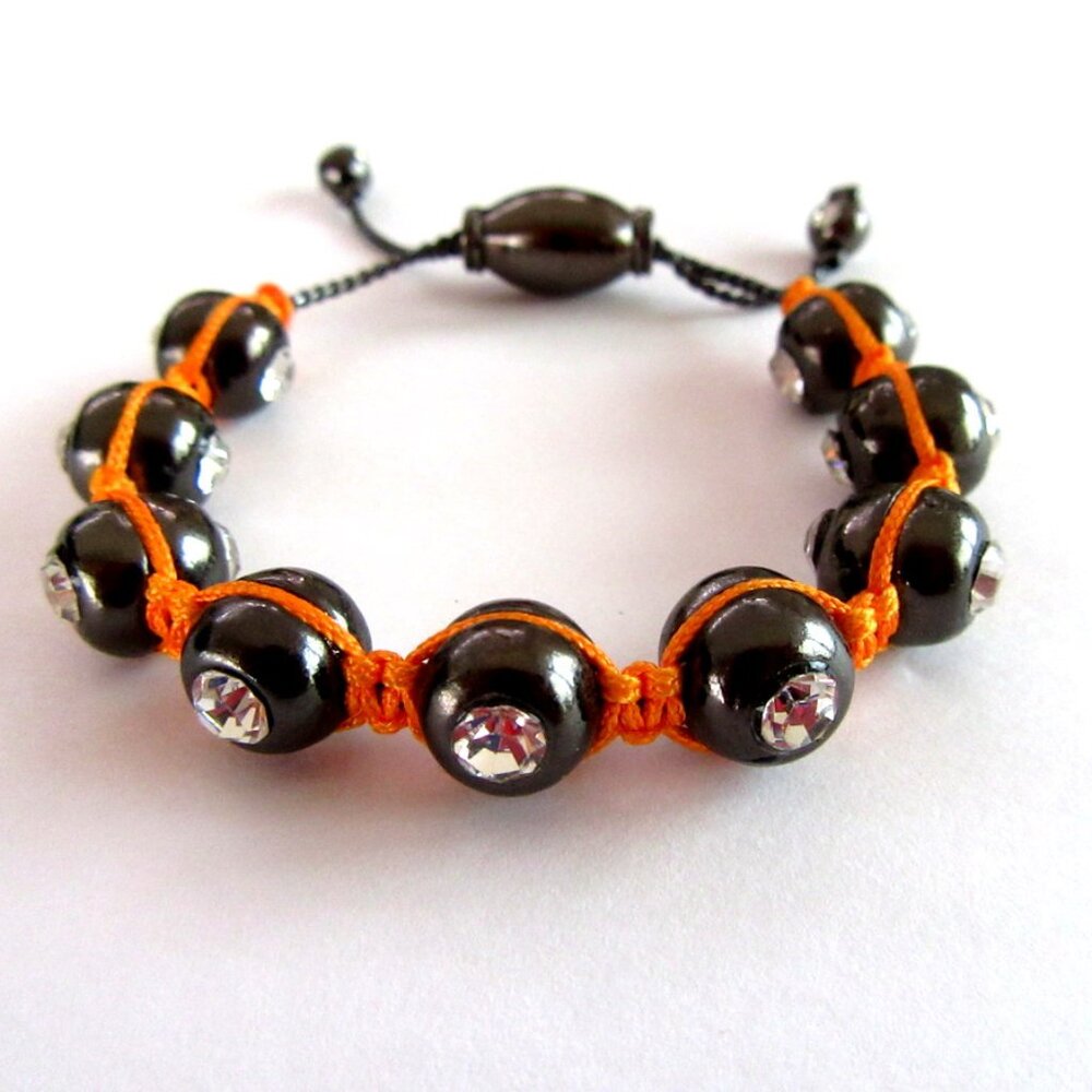 Orange crocheted bracelet with black steel beads & rhinestones-Halloween